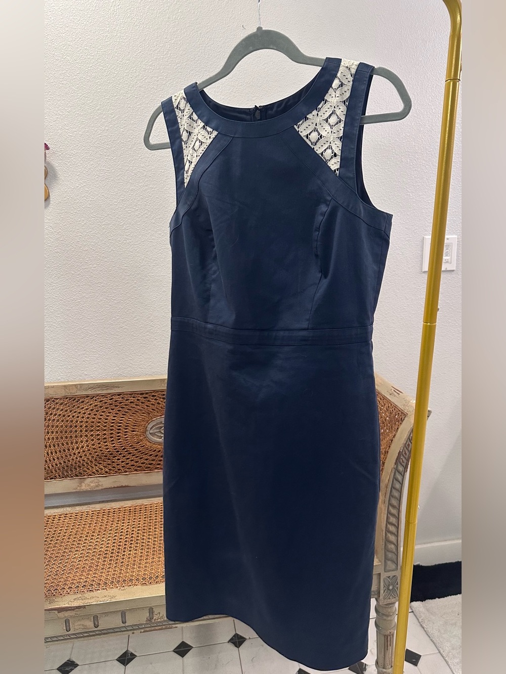 Ann Taylor Navy Dress with White Lace Shoulder Panels